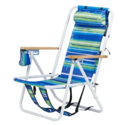 FURNIinspire Outdoor Portable Chair 4 Position Reclining With Cup Holder For Outdoor Relaxation, Blue Green Stripes, 23"*21.7"*31.5" -HV GUEST bb72c145 8738 4be8 96f0 1f6aaa171bc8