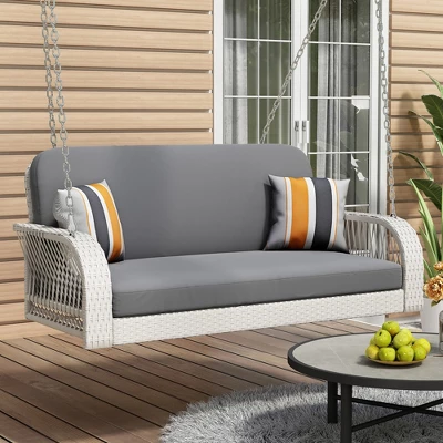 FURNIinspire Patio Swings Wicker Porch Swing, Hanging Bench With Chains, Patio Swing For Backyard Garden Poolside, White And Gray, 49"*20"*22" 7 FURNIinspire Patio Swings Wicker Porch Swing, Hanging Bench With Chains, Patio Swing For Backyard Garden Poolside, White And Gray, 49"*20"*22" - Image 5