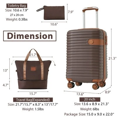 FURNIinspire Bag And Luggage Sets 3 Piece Carry On Luggage Sets, Lightweight Hard Shell Suitcase With Wheel, Bag Set, Brown, 8.9"*13.6"*21.3" 4 FURNIinspire Bag And Luggage Sets 3 Piece Carry On Luggage Sets, Lightweight Hard Shell Suitcase With Wheel, Bag Set, Brown, 8.9"*13.6"*21.3" - Image 2