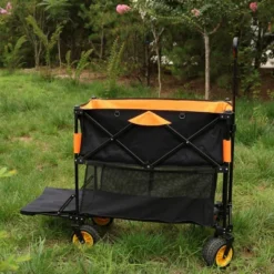 Furniinspire Wheelbarrows And Lawn Carts Big Large Capacity Folding Cart, Extra Long Extender Wagon Cart, Black And Orange, 53“*20"*51"
