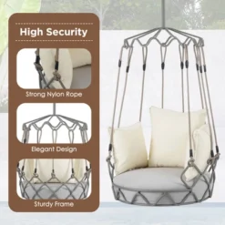 FURNIinspire Patio Swings Outdoor Porch Swing Chair Hanging Basket For Backyard, Garden, Hanging Chair With UV Resistant Cushion, Beige, 34"*32"*77" -HV GUEST c51fd861 a7bb 4155 9469 6ddb0b84cf97