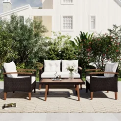 FURNIinspire Patio Seating Sets 4-Pieces Outdoor Wicker Seating Set, Conversation Sofa Set, Sofa Set And Wood Table, Brown And Beige, 46“*25”*28“ 11 FURNIinspire Patio Seating Sets 4-Pieces Outdoor Wicker Seating Set, Conversation Sofa Set, Sofa Set And Wood Table, Brown And Beige, 46“*25”*28“ -HV GUEST c5283f7f 99a3 4087 9768 c9f174c66aa5