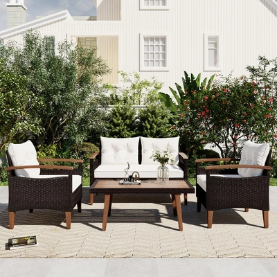 FURNIinspire Patio Seating Sets 4-Pieces Outdoor Wicker Seating Set, Conversation Sofa Set, Sofa Set And Wood Table, Brown And Beige, 46“*25”*28“ 7 FURNIinspire Patio Seating Sets 4-Pieces Outdoor Wicker Seating Set, Conversation Sofa Set, Sofa Set And Wood Table, Brown And Beige, 46“*25”*28“ - Image 5