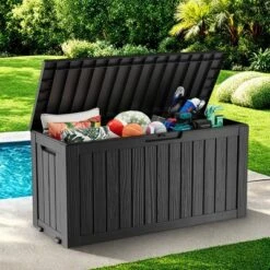 FURNIinspire Deck Boxes 75 Gallon Waterproof Resin Deck Box, Outdoor And Indoor Storage Container Storage Bin, All Weather Use, Black, 18“*46”*23“ -HV GUEST c97de69a e134 47eb 9951 29a46bf657de