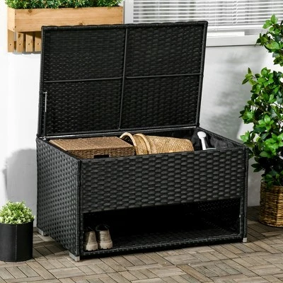 FURNIinspire Utility Storage Cabinet Outdoor Deck Box Shoe Storage PE Rattan Wicker Towel Rack With Furniture Cushions, Black, 39.80"*5.90"*25.00" 4 FURNIinspire Utility Storage Cabinet Outdoor Deck Box Shoe Storage PE Rattan Wicker Towel Rack With Furniture Cushions, Black, 39.80"*5.90"*25.00" - Image 2