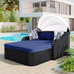 FURNIinspire Patio Chaise Lounges Outdoor Sunbed With Adjustable Canopy, Patio Chaise Lounge, Black Wicker Daybed And Blue Cushion, 79.9“*52.4"*49.6" -HV GUEST ce1cf118 ee0e 4fd6 babd 9aadae18efa9