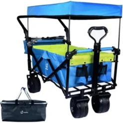 FURNIinspire Outdoor Serving Carts Collapsible Wagon Foldable With Removable Canopy Wheels For All-Terrain Brake For Camping, Blue, 35.4"*19.7"*44.5" -HV GUEST cf52fa3d 6254 4ef9 8e13 8bcb399e623f