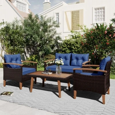 FURNIinspire Patio Seating Sets 4-Pieces Outdoor Wicker Seating Set, Conversation Sofa Set, Sofa Set And Wood Table, Brown And Blue, 46“*25”*28“ 3 FURNIinspire Patio Seating Sets 4-Pieces Outdoor Wicker Seating Set, Conversation Sofa Set, Sofa Set And Wood Table, Brown And Blue, 46“*25”*28“