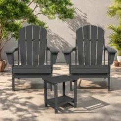 FURNIinspire Patio Seating Sets Folding Adirondack Chairs With Side Table, 3-Piece Rocking Chairs Set With Wood Texture, Gray, 30“*28”*35“ -HV GUEST d24ae7db 3b73 4220 a801 a126cc301972