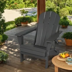 FURNIinspire Patio Accent Chairs Folding Adirondack Chair, Outdoor Adirondack Chair With Cup Holder, Wood Texture Folding Chair, Gray, 32"*29"*36" -HV GUEST dc93d6ec 6fde 46c5 8967 72b96df5c74d