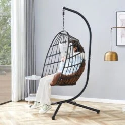 FURNIinspire Patio Swings Hanging Chair With Wicker Weave, Single Person Swing With Brown Seat Cushion For Indoor And Outdoor, Black, 37“*37"*79" -HV GUEST dcf16b16 aa93 455e adcb 6cf45f9218ab