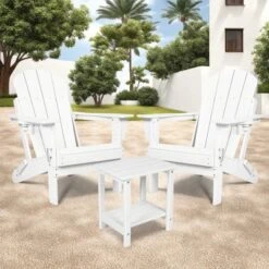FURNIinspire Patio Seating Sets Folding Adirondack Chairs With Side Table, 3-Piece Rocking Chairs Set With Wood Texture, White, 30“*28”*35“ -HV GUEST deca8a4f 452a 416e b168 d69252db4fbe