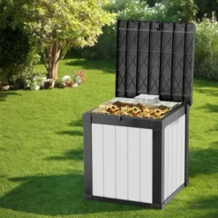 FURNIinspire Deck Boxes 50 Gallon Deck Box, Outdoor And Indoor Storage Container, Waterproof Resin Storage Bin, Black And White, 22“*22”*24“ -HV GUEST e485dd86 d13c 42fa ba1d f35e984c9e4d