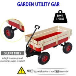 FURNIinspire Wheelbarrows And Lawn Carts Outdoor Sport Wagon Tools Cart Wooden Side Panels Air Tires Wagon, Garden Cart With Handle, Red, 39“*16"*20" -HV GUEST e9ada69f 9e61 4f69 ad04 ba6c7a08a664