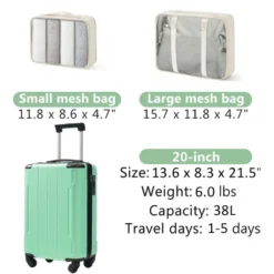 FURNIinspire Bag And Luggage Sets 20 Inch Luggage Set, Lightweight Checked Suitcase With 2 Mesh Bag Travel, Creamy Green, 8.3"*13.6"*21.5" -HV GUEST edea4d37 d8e9 4db9 9770 9b88b4762fba