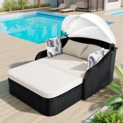 FURNIinspire Patio Chaise Lounges Outdoor Sunbed With Adjustable Canopy, Patio Chaise Lounge, Black Wicker Daybed And Beige Cushion, 79.9“*52.4"*49.6" -HV GUEST ee0e817a 48f3 46a5 ab02 ca37cd6a940c