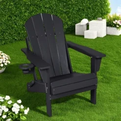 FURNIinspire Patio Accent Chairs Folding Adirondack Chair, Outdoor Adirondack Chair With Cup Holder, Wood Texture Folding Chair, Black, 32"*29"*36" -HV GUEST ee78dbf2 2a95 4502 a660 3a92dadd0ee9