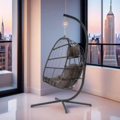 FURNIinspire Patio Swings Outdoor Indoor Outdoor Wicker Hanging Chair Swing Chair Egg Chair, Patio Swing With Gray Cushion, Gray, 36“*36"*77" -HV GUEST f59f7203 c1bf 4be7 85cf e318c885499b