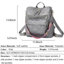 FURNIinspire Backpacks PU Leather Ladies Fashion Backpack Purse With Adjustable Straps And Multiple Pockets, Grey, 13"*6"*14"