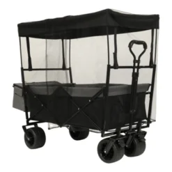 FURNIinspire Outdoor Serving Carts 480Lbs Collapsible Wagon With Canopy Lightweight Foldable Wagon With Mosquito Net, Black, 45.28"*22.83"*38.78"
