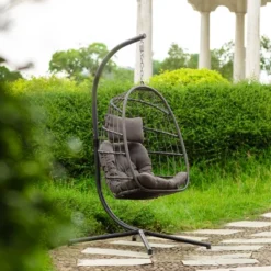 FURNIinspire Patio Swings Outdoor Indoor Outdoor Wicker Hanging Chair Swing Chair Egg Chair, Patio Swing With Gray Cushion, Gray, 36“*36"*77" -HV GUEST f7f85132 271f 4503 b06d e499919d91f3