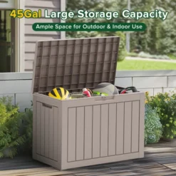 FURNIinspire Deck Boxes 45 Gallon Deck Box, Outdoor Waterproof Storage Bin, Storage Deck Box, All Weather Use, Light Brown, 17“*31”*22“ -HV GUEST fb41617a 6bc5 4256 91a9 8233c2a16a7d