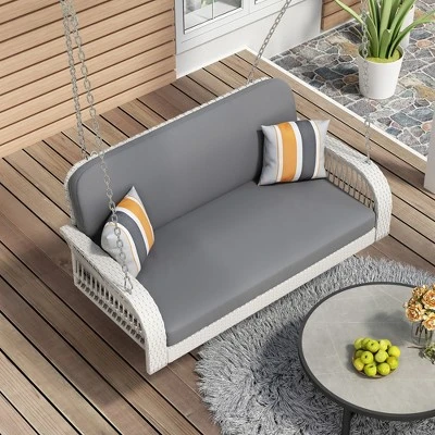 FURNIinspire Patio Swings Wicker Porch Swing, Hanging Bench With Chains, Patio Swing For Backyard Garden Poolside, White And Gray, 49"*20"*22" 3 FURNIinspire Patio Swings Wicker Porch Swing, Hanging Bench With Chains, Patio Swing For Backyard Garden Poolside, White And Gray, 49"*20"*22"